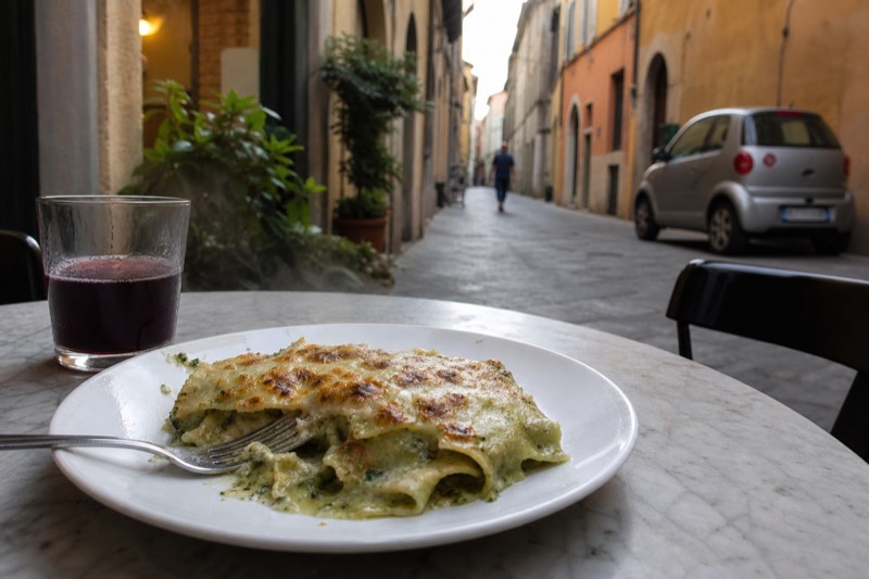 A plate of green lasagne with browned béchamel and a glass of Lambrusco on a marble table in a Modena alley