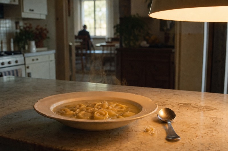 A plate of steaming tortellini in brodo on a worn marble slab in a Modena home