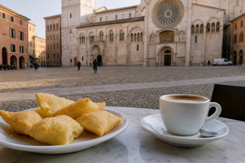 A plate of golden gnocco fritto and a cappuccino on a marble table in Piazza Grande, Modena