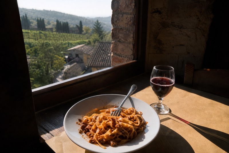 A plate of tagliatelle al ragù and a glass of sparkling Lambrusco in a Castelvetro di Modena cellar