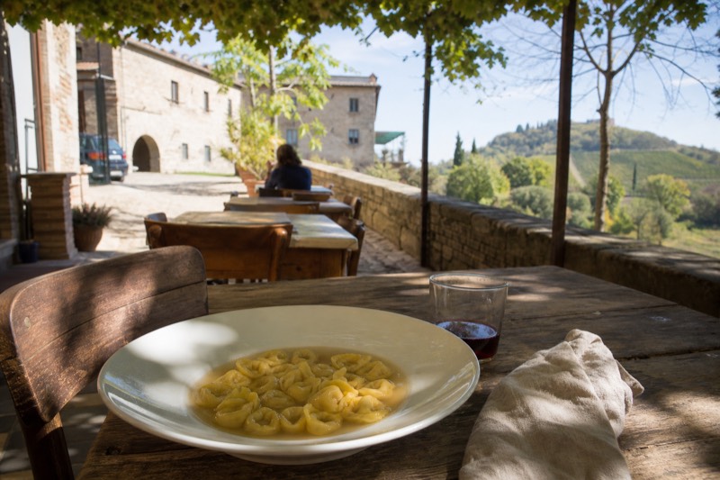 A plate of tortellini in brodo and a glass of Lambrusco under a pergola in Castelvetro di Modena