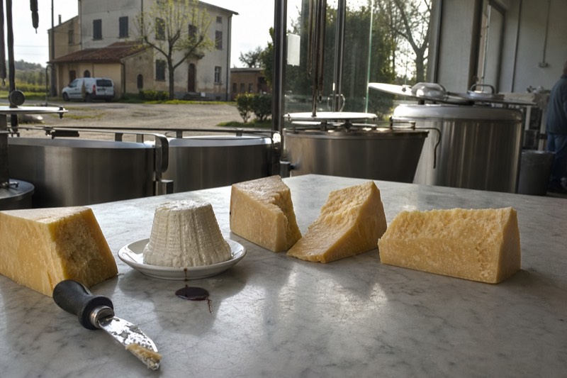 Wedges of organic Parmigiano fanned beside ricotta and balsamic on a marble slab in a Modena dairy