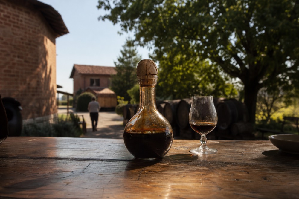 Close view of a numbered seal and capsule on a small glass balsamic bottle