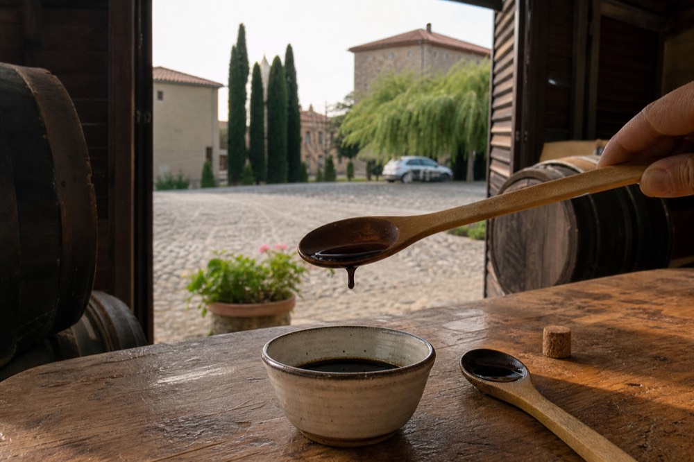 A wooden spoon holding a glossy dark drop of aged balsamic vinegar