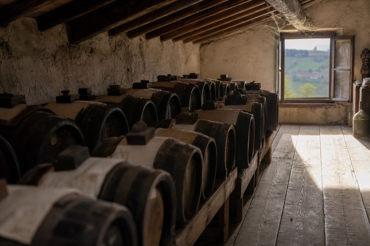 A battery of small wooden ageing barrels arranged in a dim attic loft