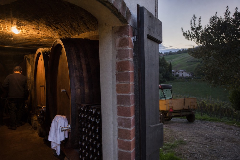 Oak barrels and wine bottles in a dimly lit Emilian cellar