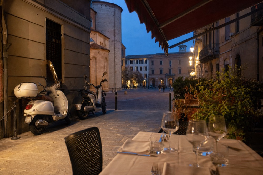 Ristorante Cavallino exterior in Maranello with red awnings and Ferrari branding