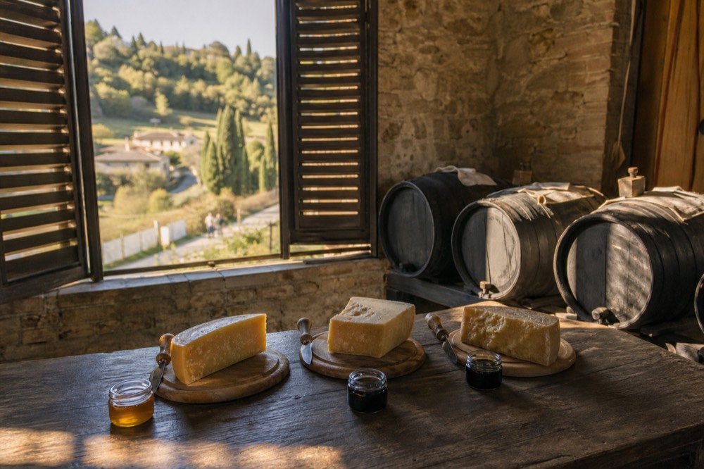 A tasting board of Parmigiano Reggiano wedges at three different ages with small jars of honey and balsamic vinegar