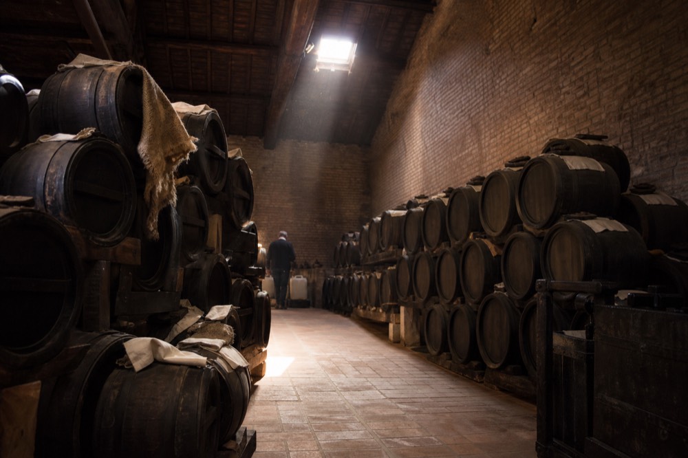 Rows of tall barrel stacks inside a dim vinegar ageing loft, sunlight slanting through a small window