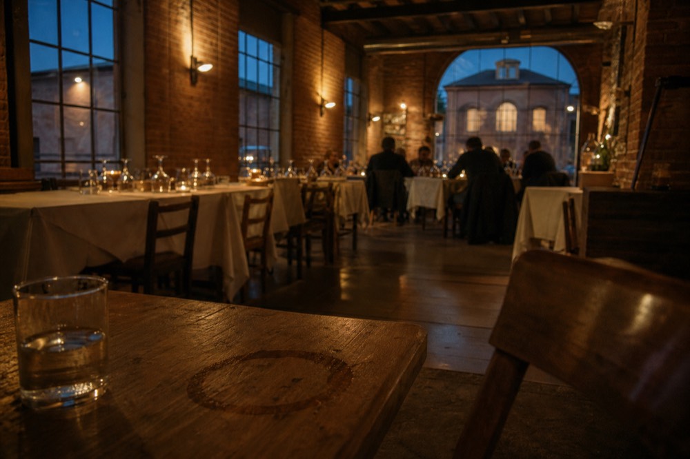 A dining room with set tables and warm lighting in a historic building