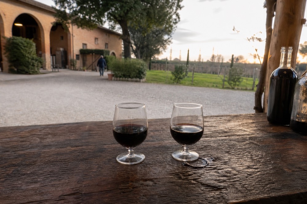 Two small glasses of dark traditional balsamic vinegar set on a tasting counter