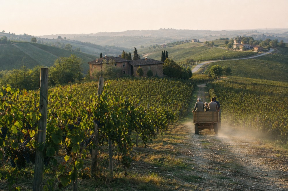 Vineyard rows on rolling hills near Modena with a farmhouse in the distance