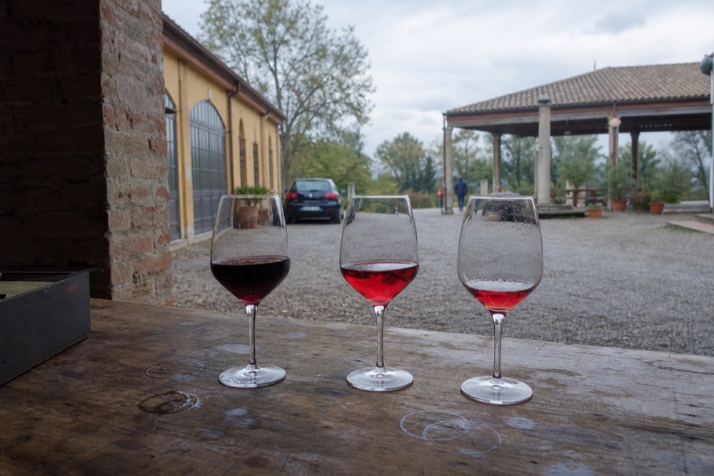 Three glasses of Lambrusco in different shades of red lined up on a tasting counter