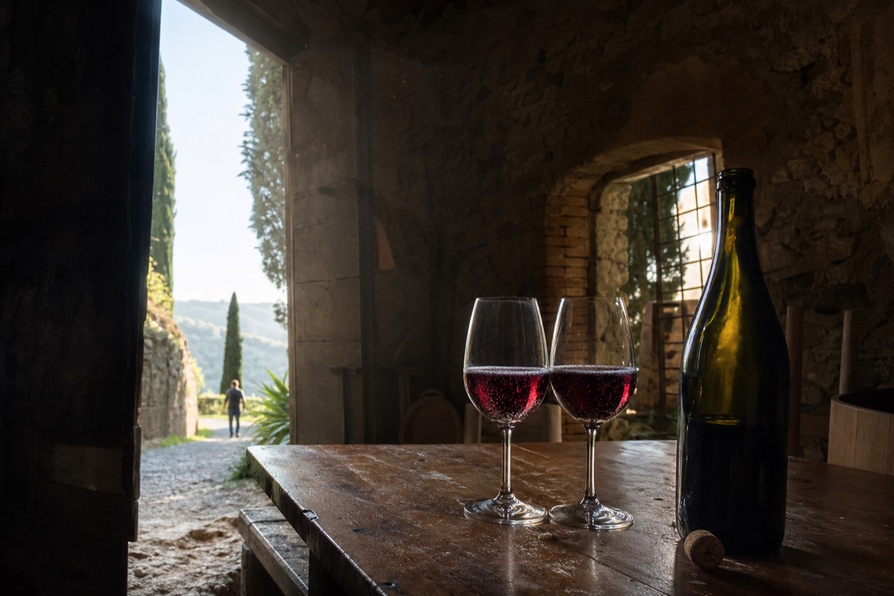 Glasses of dark red sparkling Lambrusco on a wooden cellar table beside an open bottle