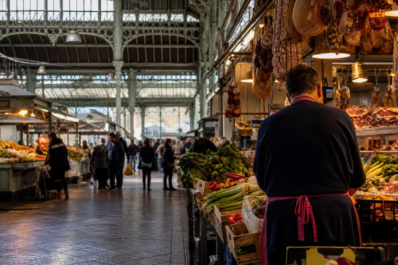 A covered market hall with produce stalls and hanging cured meats under warm lights