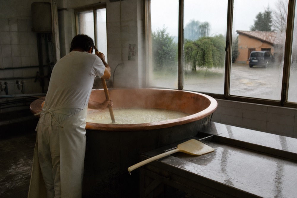 A copper vat of steaming curd being stirred in a Parmigiano Reggiano dairy