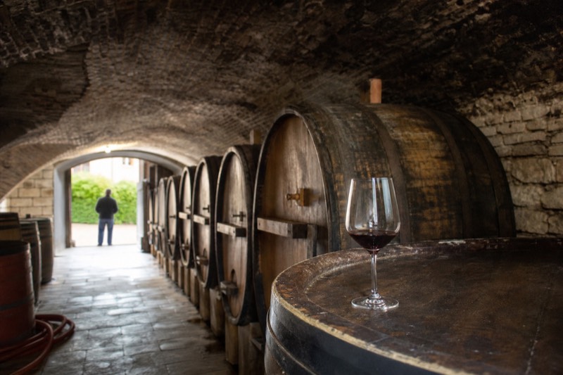 Lambrusco category card showing a cellar with wine barrels, for Modena Lambrusco tastings and winery visits
