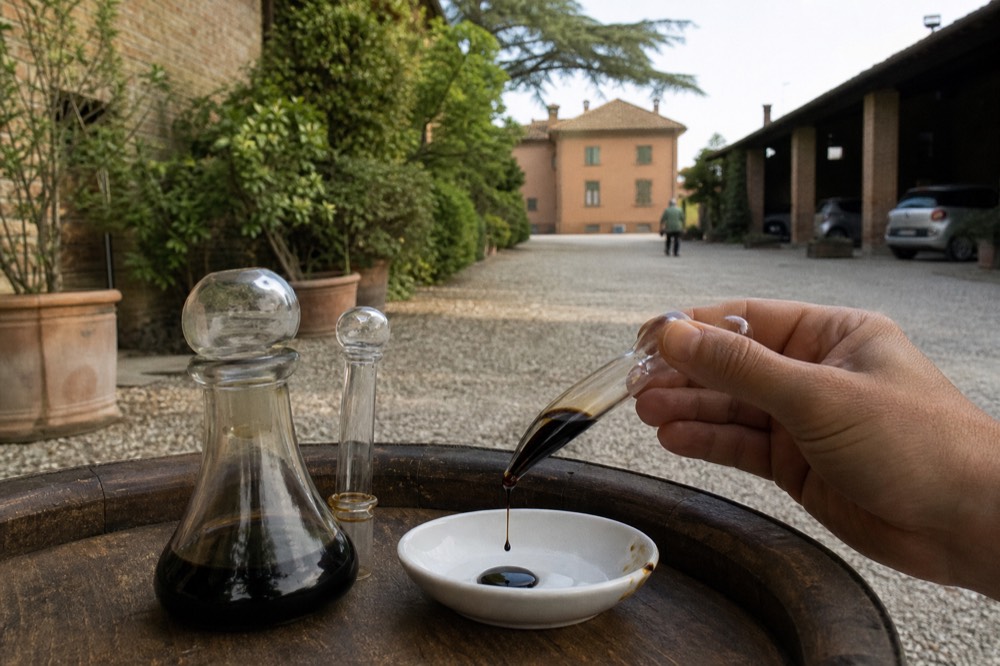 A hand holding a small glass spoon with a drop of dark syrupy vinegar