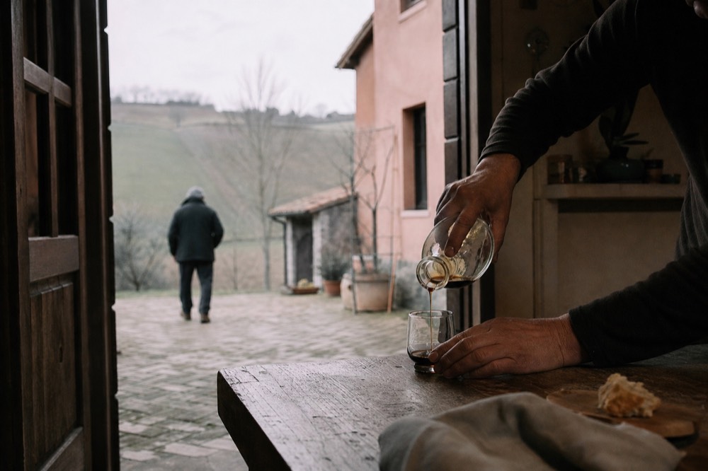 Host pouring a taste of traditional balsamic vinegar from a small glass cruet at a cellar table
