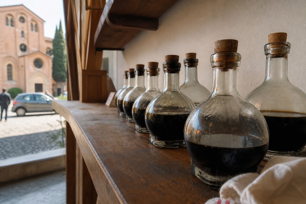 Traditional balsamic bottles in the mandatory spherical Giugiaro shape lined up on a shelf