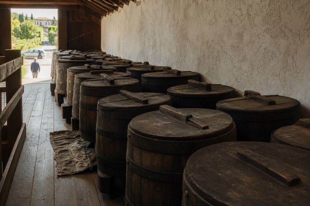 A row of traditional wooden barrels with lids, each marked with a number and wood type in a Modena acetaia.