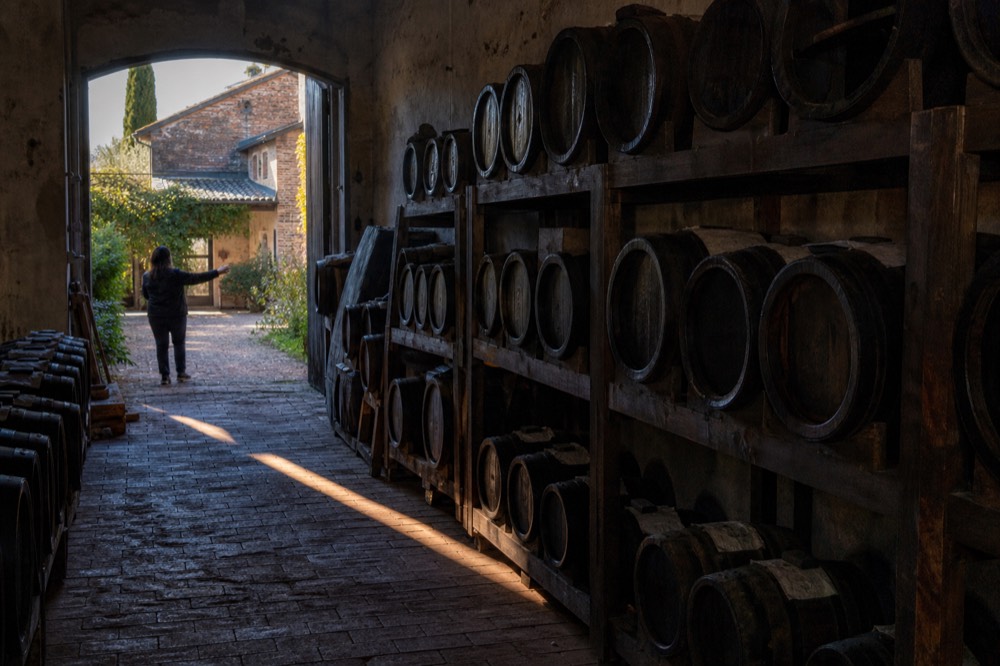 A large historic barrel room with rows of wooden casks stacked on shelves, with a guide explaining the ageing process.