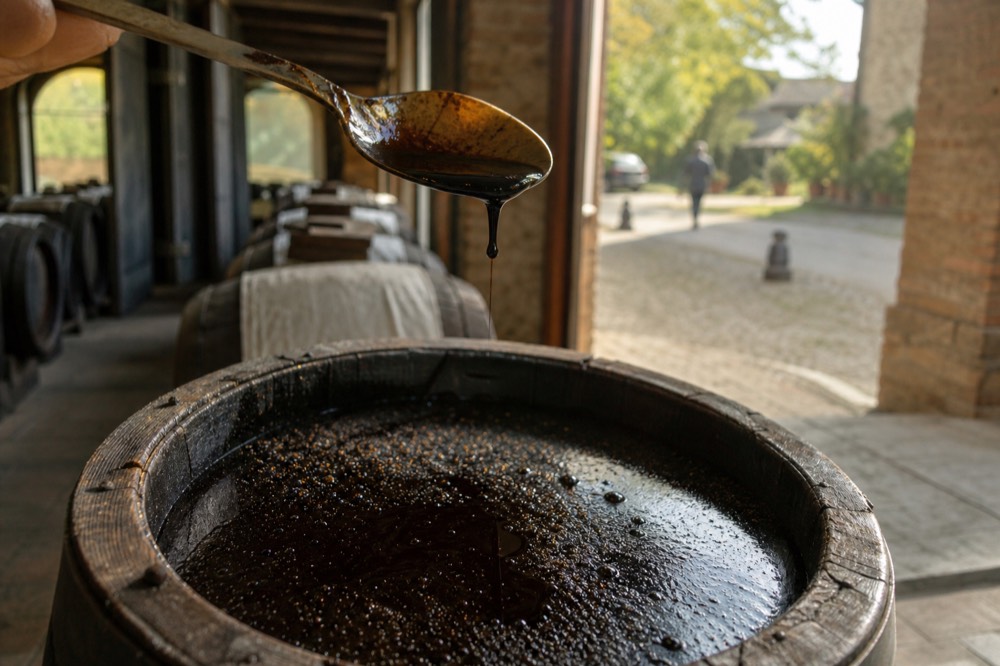 A close-up of a spoon with a few drops of thick, dark balsamic vinegar, held over a wooden barrel.