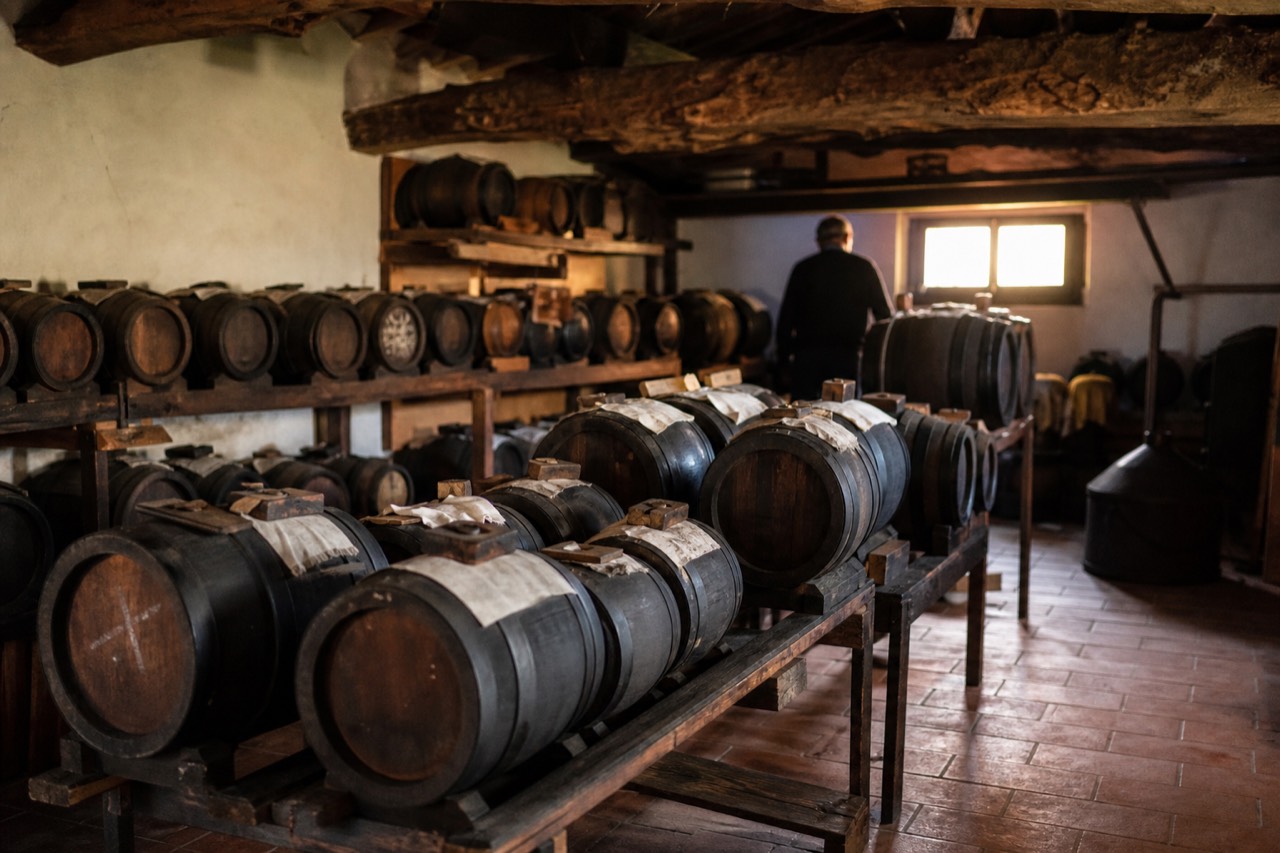 A wooden barrel storage room in a traditional Modena acetaia, with rows of small barrels of different woods used for ageing balsamic vinegar.