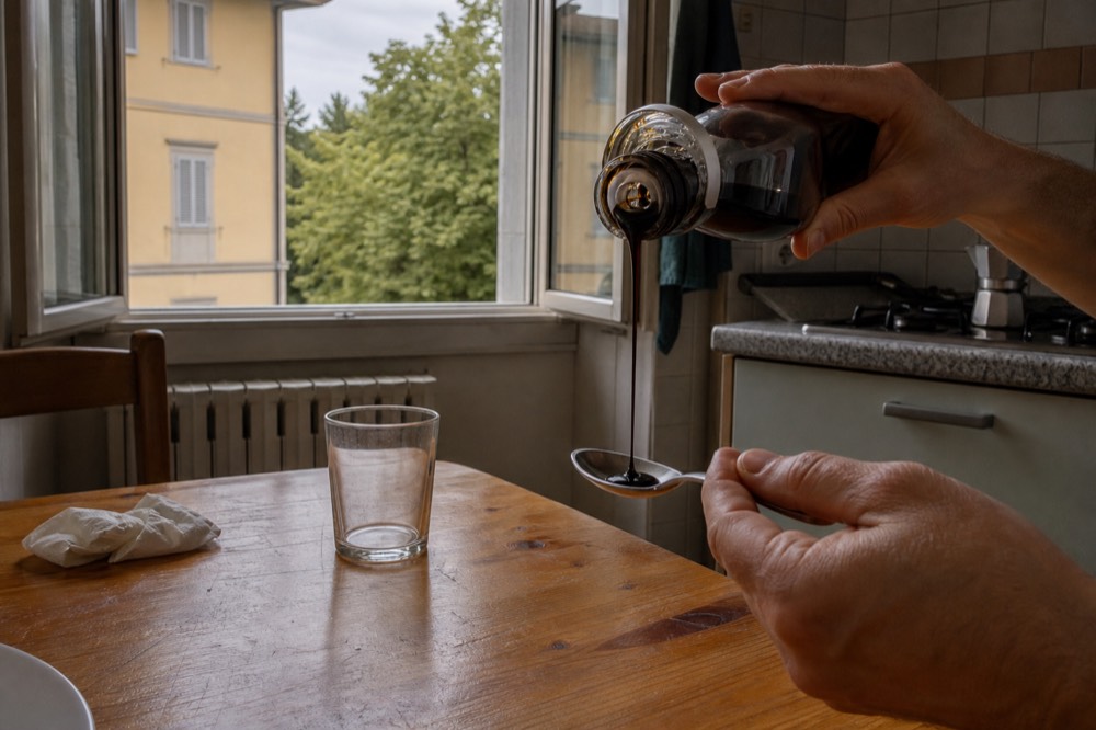 A hand pouring a few drops of thick DOP balsamic vinegar onto a spoon over a wooden table
