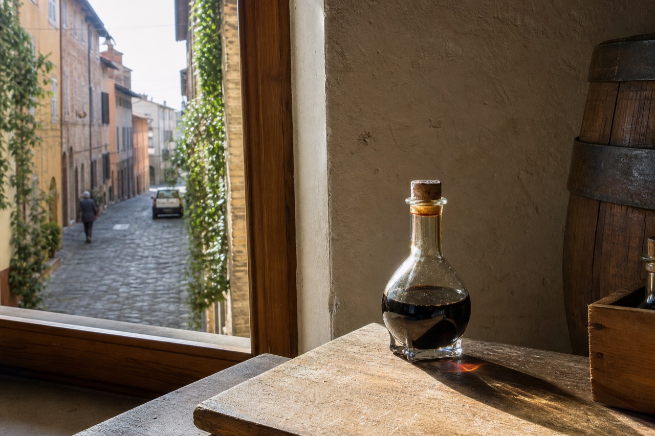 A bottle of Traditional Balsamic Vinegar of Modena DOP with the Giugiaro glass shape and numbered seal on a wooden surface
