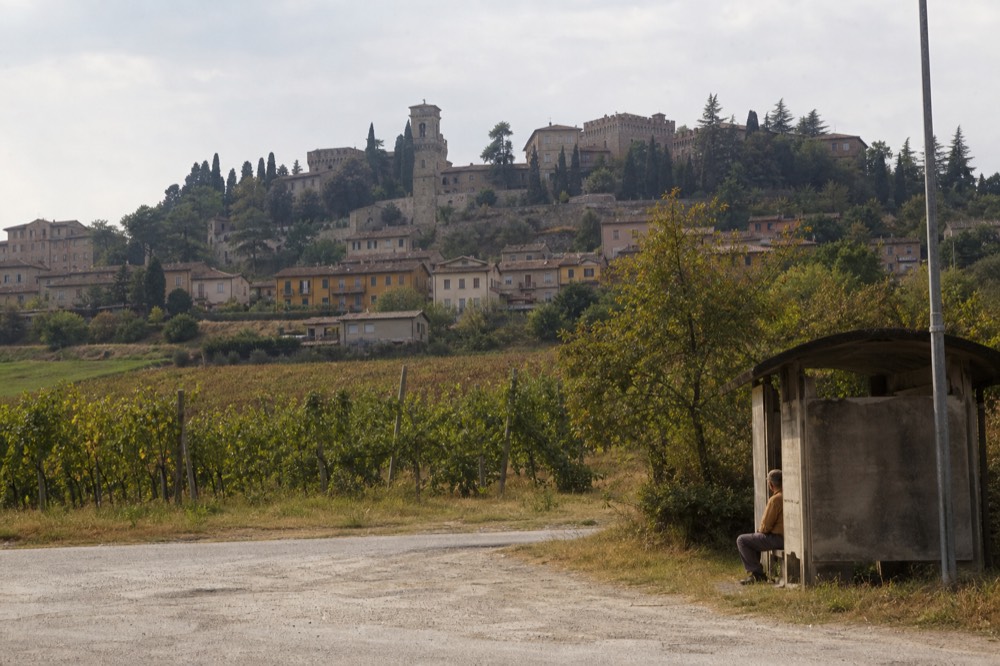 A country road through vineyards leading toward a hill town with stone buildings