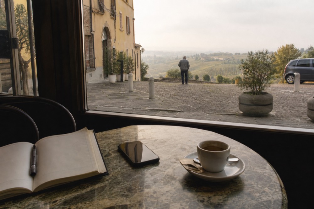 An open diary and a phone on a cafe table beside a cup of coffee