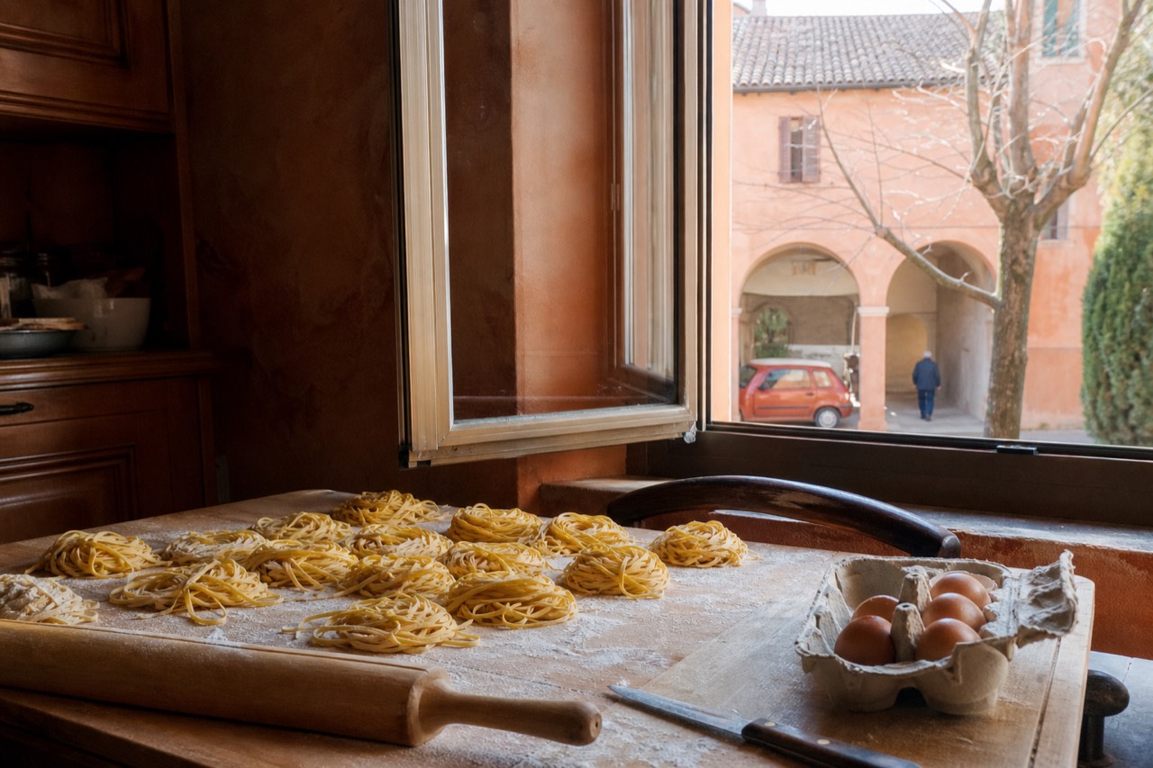A wooden board with fresh tagliatelle nests and a rolling pin on a flour-dusted kitchen table