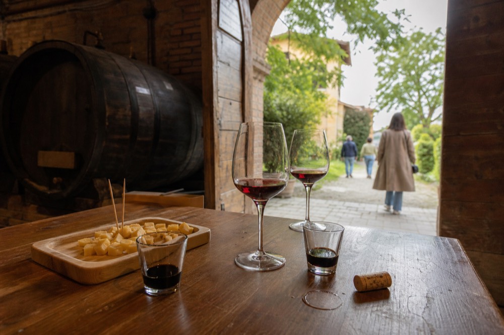 Tray of cheese cubes, small glasses of dark vinegar and wine glasses arranged on a wooden tasting table