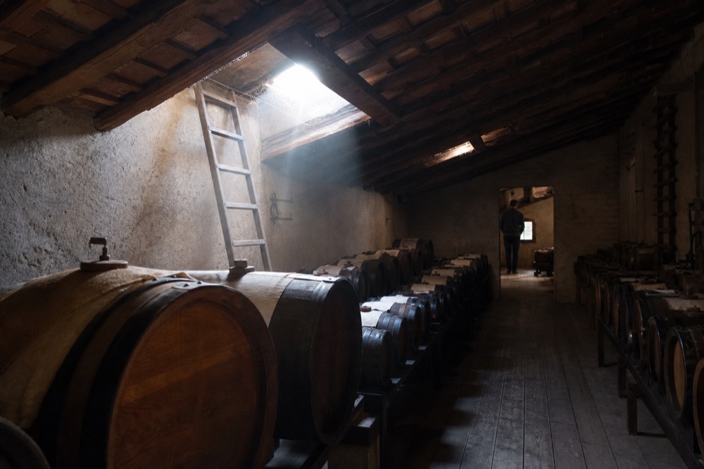 Wooden barrels of different sizes arranged in rows inside a dim vinegar ageing loft under a tiled roof