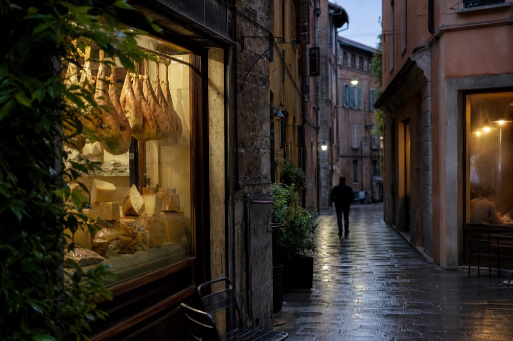 A narrow street of old shopfronts with a display of hanging hams and cheese