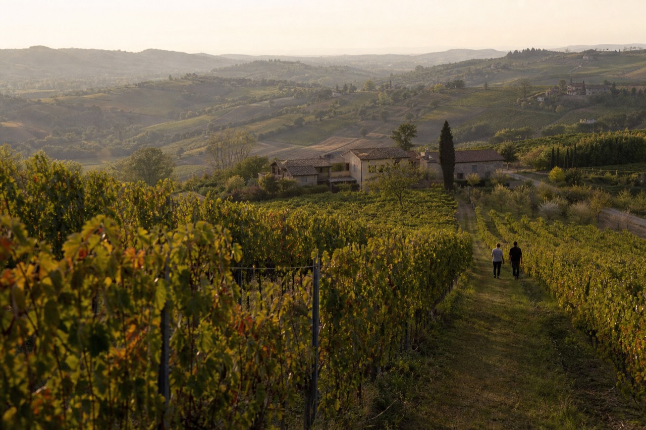 Rows of Lambrusco vines on rolling hills with a small wine estate in the distance