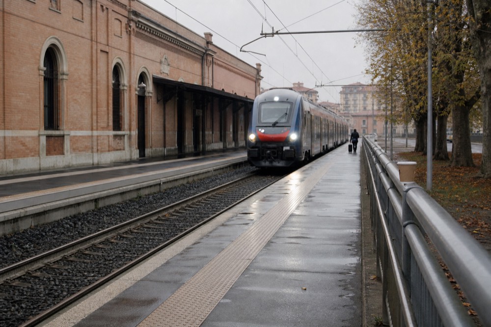 A regional train platform in the morning with a station building behind it