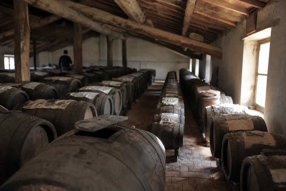 Rows of wooden ageing barrels in a dim acetaia loft
