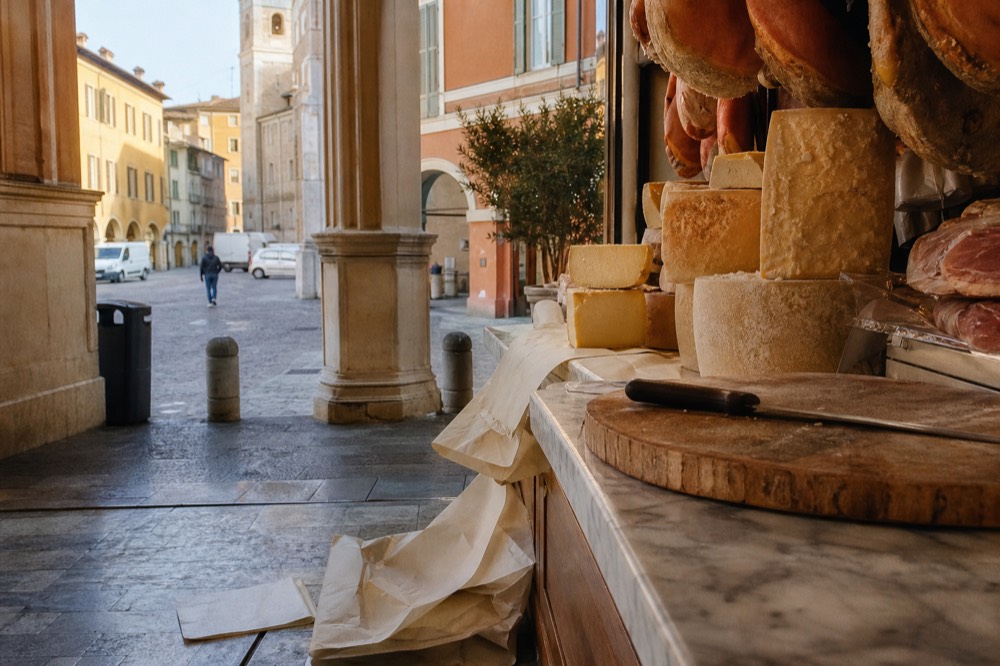 A market stall counter stacked with whole cheese wheels and hanging cured hams