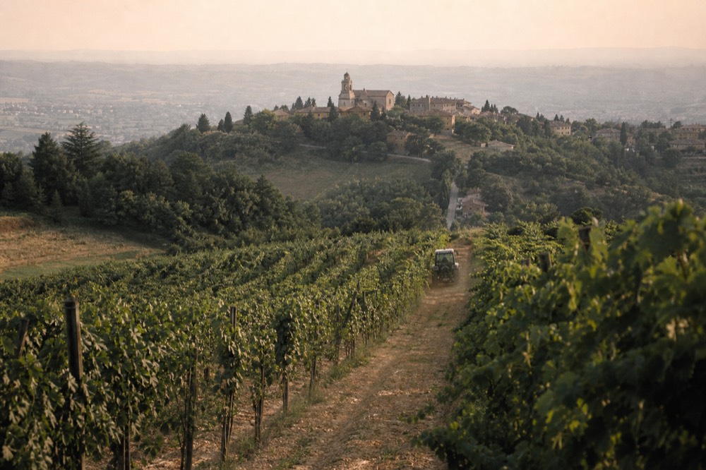 Rows of vines on rolling hills with a small town on the ridge beyond