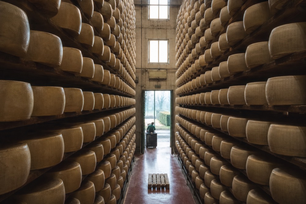 Rows of Parmigiano Reggiano wheels resting on wooden shelves in an ageing warehouse