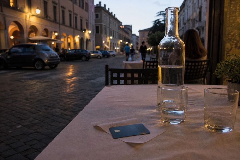 A credit card resting on a receipt beside a glass of water on a restaurant table