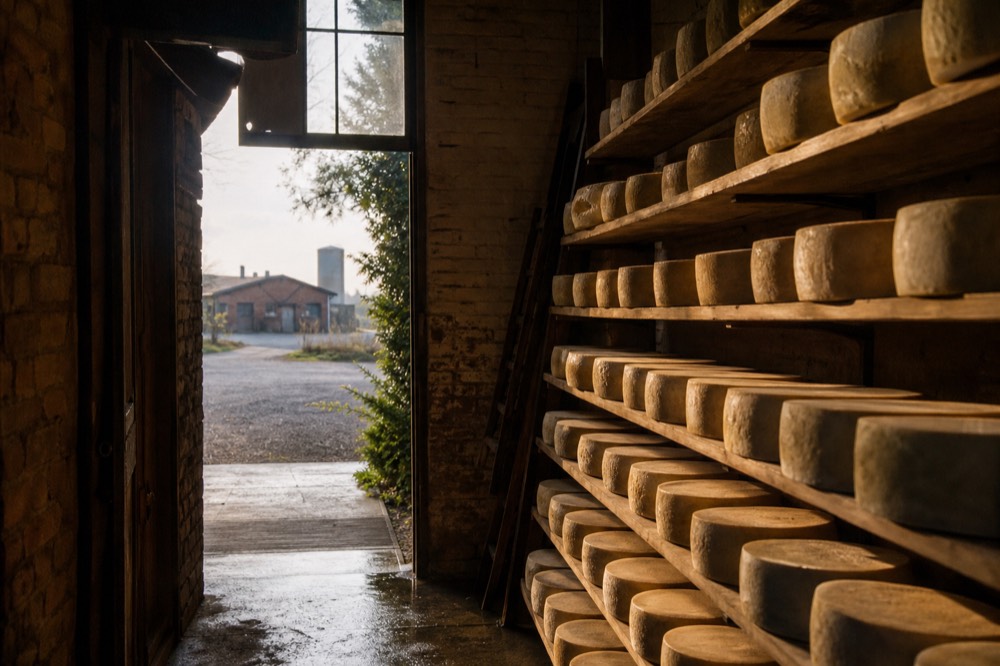 A dairy ageing room near Modena with rows of aged cheese resting on tall wooden shelves