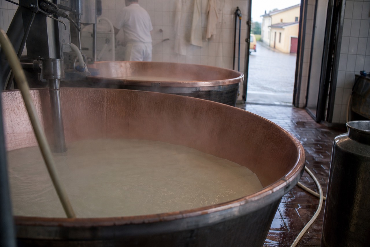 Copper vats and steaming milk inside a Parmigiano Reggiano dairy production room