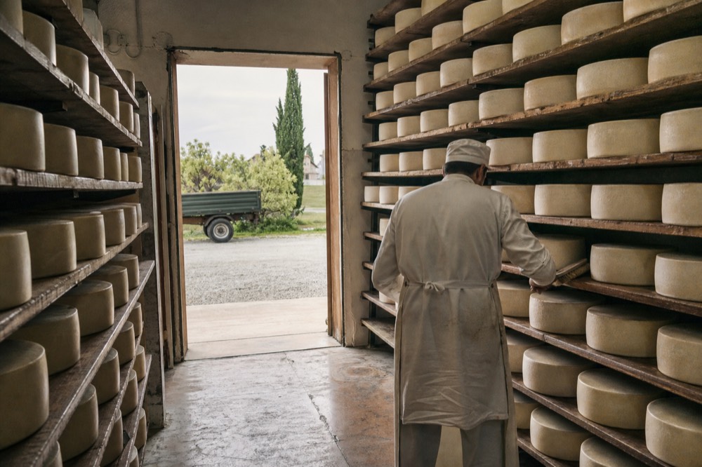 A dairy worker brushing and turning cheese wheels in an ageing warehouse