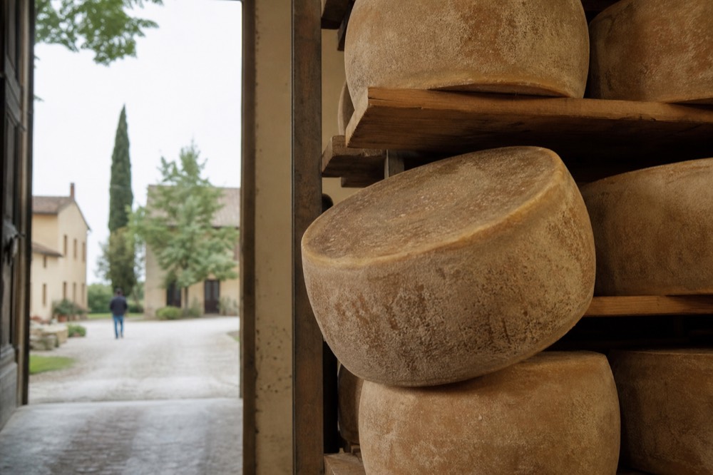 Aged Parmigiano Reggiano wheels stacked on wooden shelves in a dairy ageing room